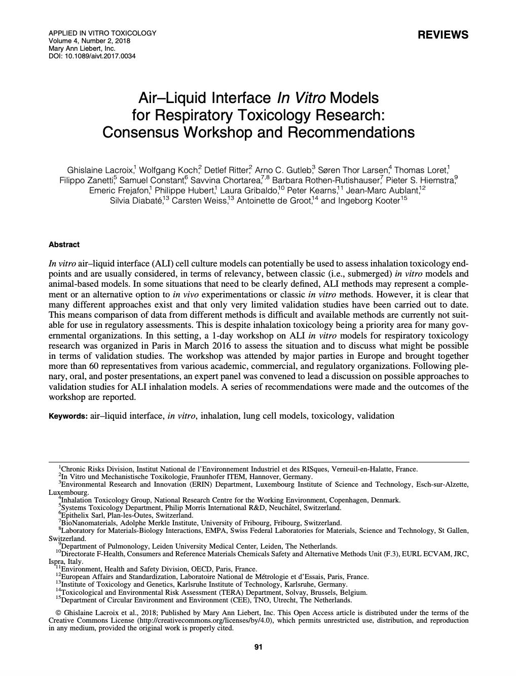 Air–Liquid Interface In Vitro Models for Respiratory Toxicology Research: Consensus Workshop and Recommendations