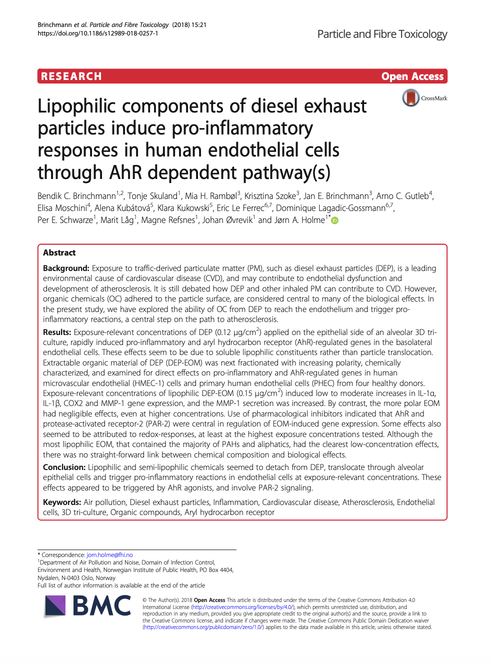 Lipophilic components of diesel exhaust particles induce pro-inflammatory responses in human endothelial cells through AhR dependent pathway(s)