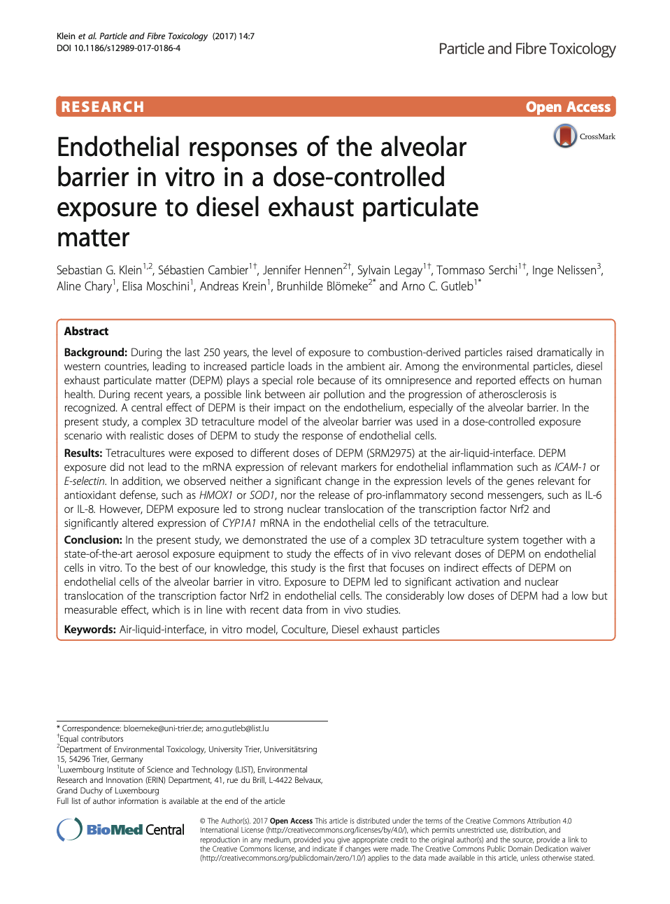 Endothelial responses of the alveolar barrier in vitro in a dose-controlled exposure to diesel exhaust particulate matter
