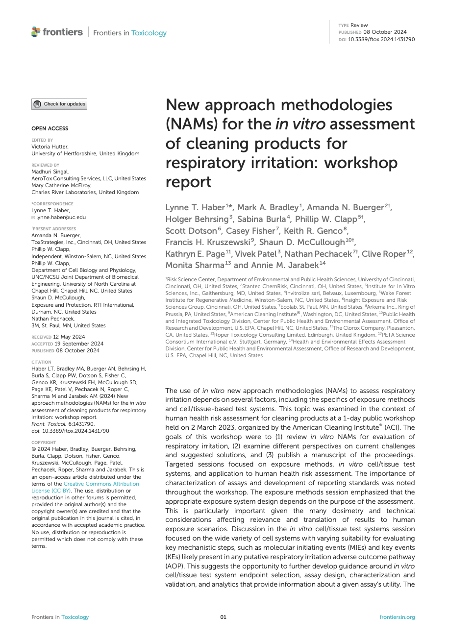 New approach methodologies (NAMs) for the in vitro assessment of cleaning products for respiratory irritation: workshop report
